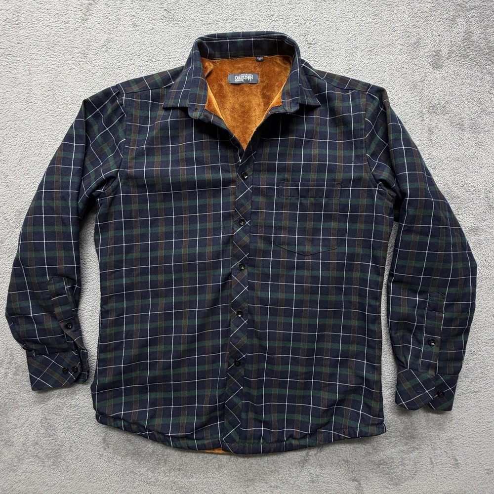 OBULTHEN Shirt Mens Large Blue Green Plaid‎ Fleece Lined Long Sleeve Button Up